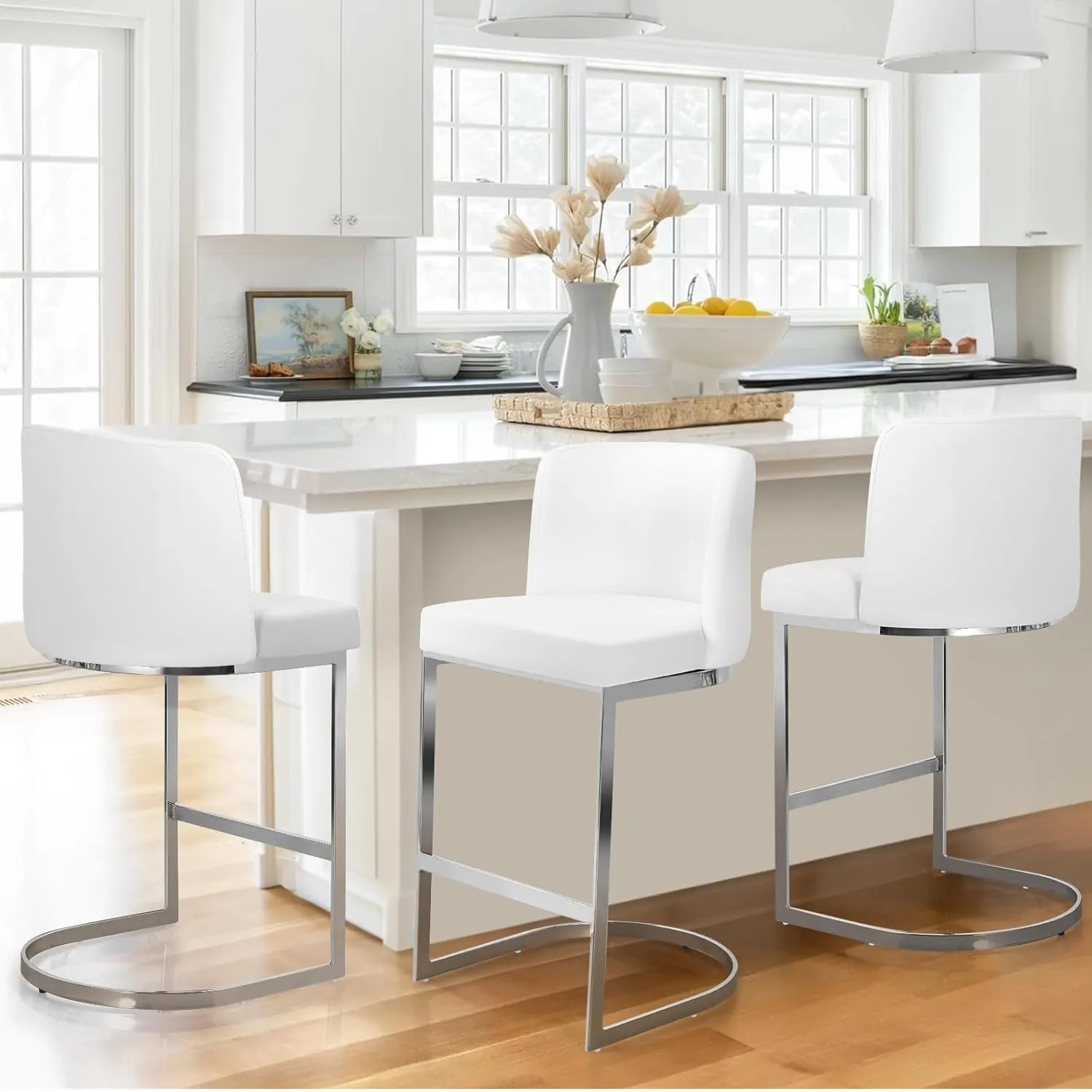 Counter Height Bar Stools Set of 3, Modern 26" Counter Stools with Back and C-Shaped Metal Frame, Upholstered Faux Leather Bar Chairs Island Stools for Kitchen Counter, Home Bar, Pub, White