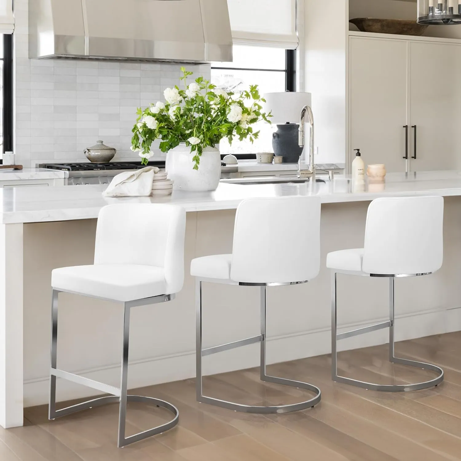 Counter Height Bar Stools Set of 3, Modern 26" Counter Stools with Back and C-Shaped Metal Frame, Upholstered Faux Leather Bar Chairs Island Stools for Kitchen Counter, Home Bar, Pub, White