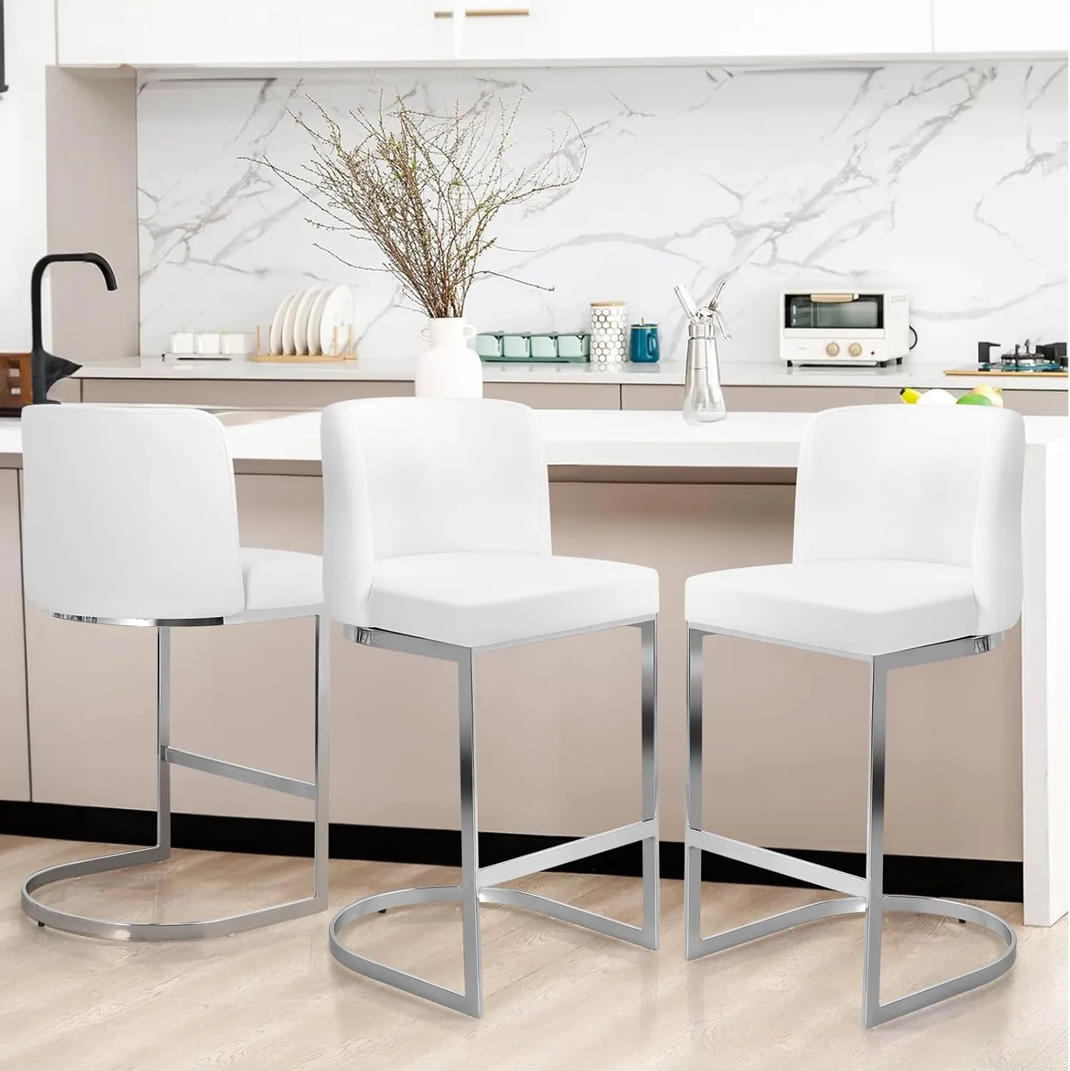 Counter Height Bar Stools Set of 3, Modern 26" Counter Stools with Back and C-Shaped Metal Frame, Upholstered Faux Leather Bar Chairs Island Stools for Kitchen Counter, Home Bar, Pub, White
