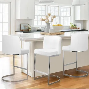 Counter Height Bar Stools Set of 3, Modern 26" Counter Stools with Back and C-Shaped Metal Frame, Upholstered Faux Leather Bar Chairs Island Stools for Kitchen Counter, Home Bar, Pub, White