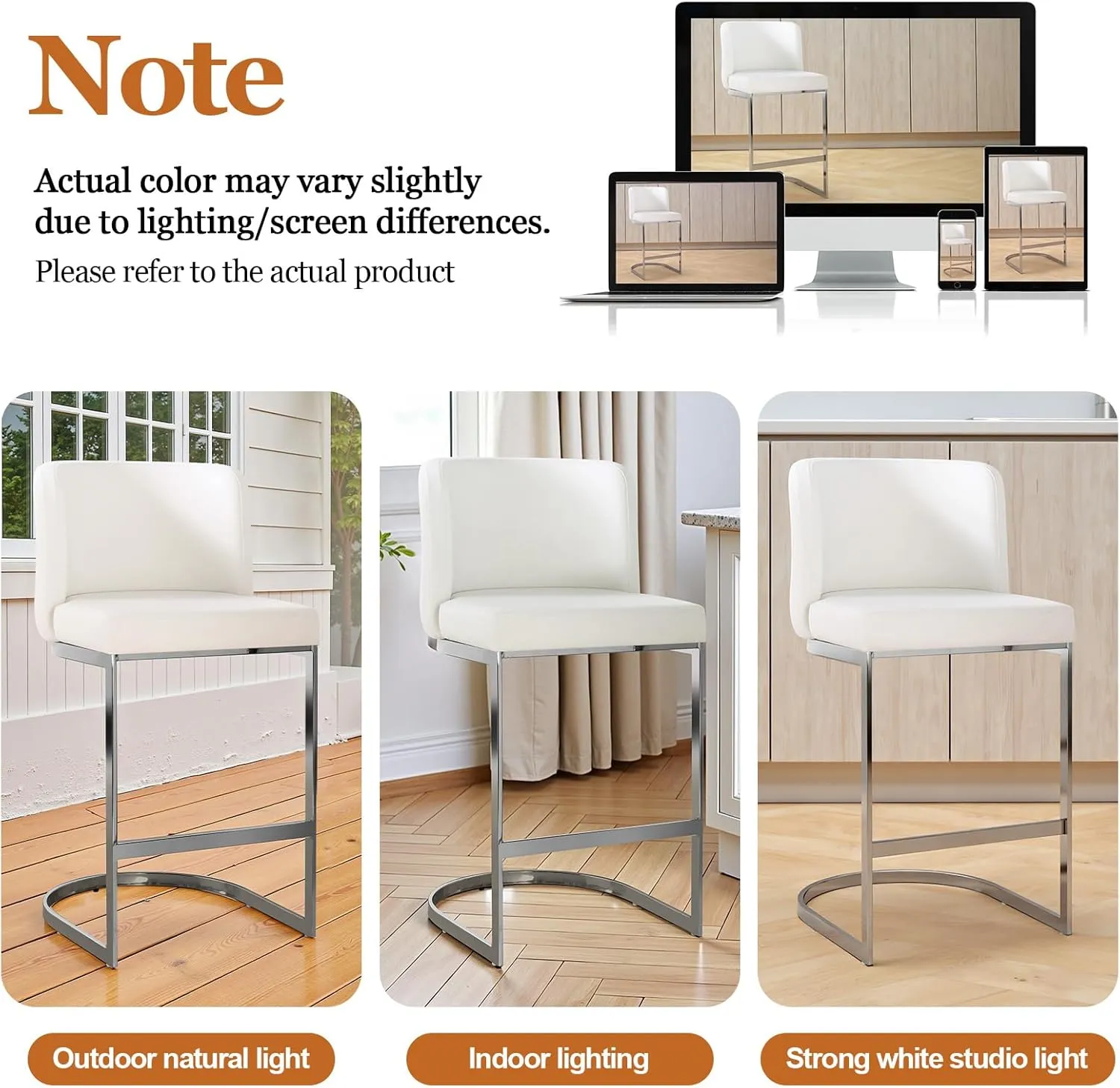 Counter Height Bar Stools Set of 3, Modern 26" Counter Stools with Back and C-Shaped Metal Frame, Upholstered Faux Leather Bar Chairs Island Stools for Kitchen Counter, Home Bar, Pub, White