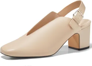 Coutgo Womens Chunky Block Slingback Heels Closed Square Toe V Cut Metal Buckle Comfortable Office Dress Pumps Shoes