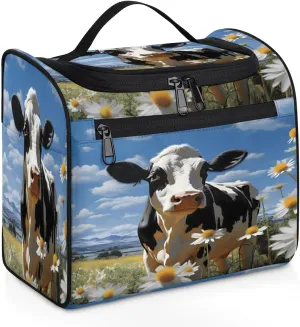 Cow Daisy Flowers Travel Toiletry Bag for Men and Women, Large Hanging Makeup Bag Organizer Toiletries Bag for Travel, Cosmetic Bag with Handle