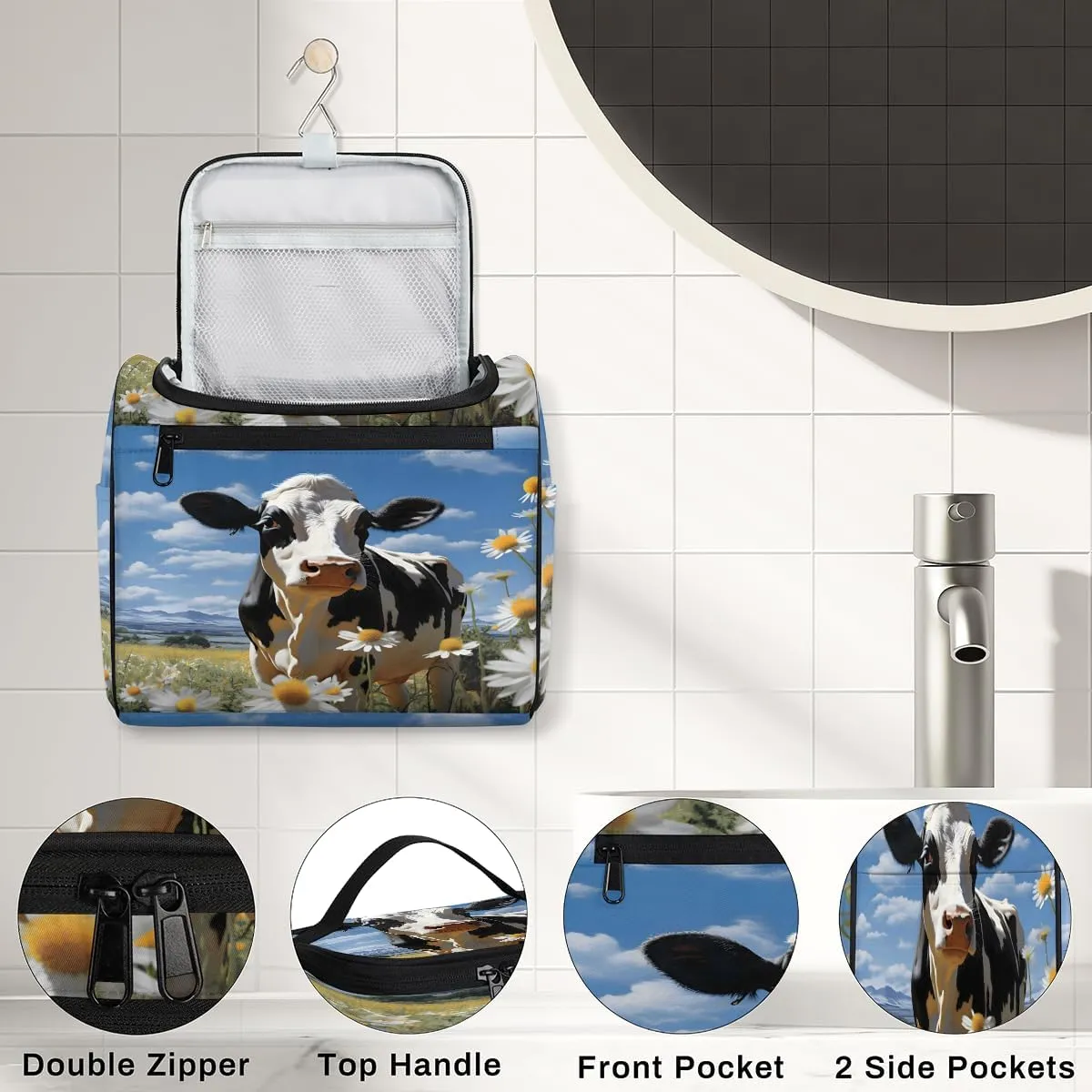 Cow Daisy Flowers Travel Toiletry Bag for Men and Women, Large Hanging Makeup Bag Organizer Toiletries Bag for Travel, Cosmetic Bag with Handle
