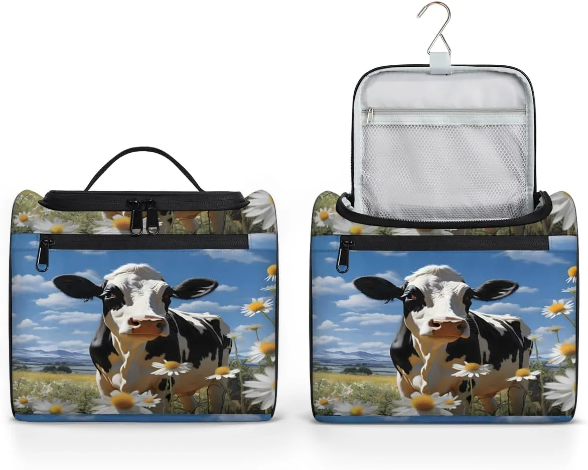 Cow Daisy Flowers Travel Toiletry Bag for Men and Women, Large Hanging Makeup Bag Organizer Toiletries Bag for Travel, Cosmetic Bag with Handle