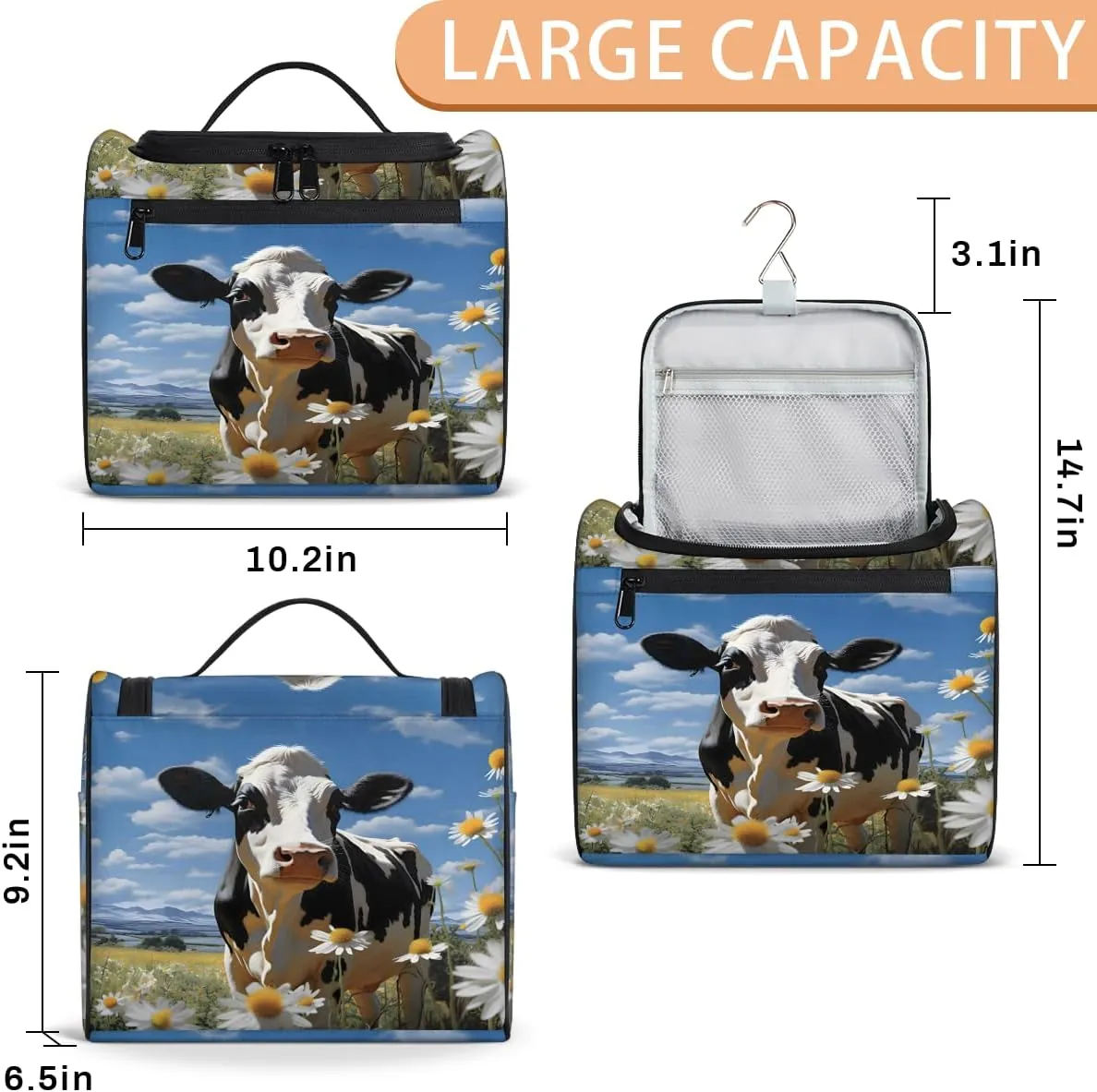 Cow Daisy Flowers Travel Toiletry Bag for Men and Women, Large Hanging Makeup Bag Organizer Toiletries Bag for Travel, Cosmetic Bag with Handle