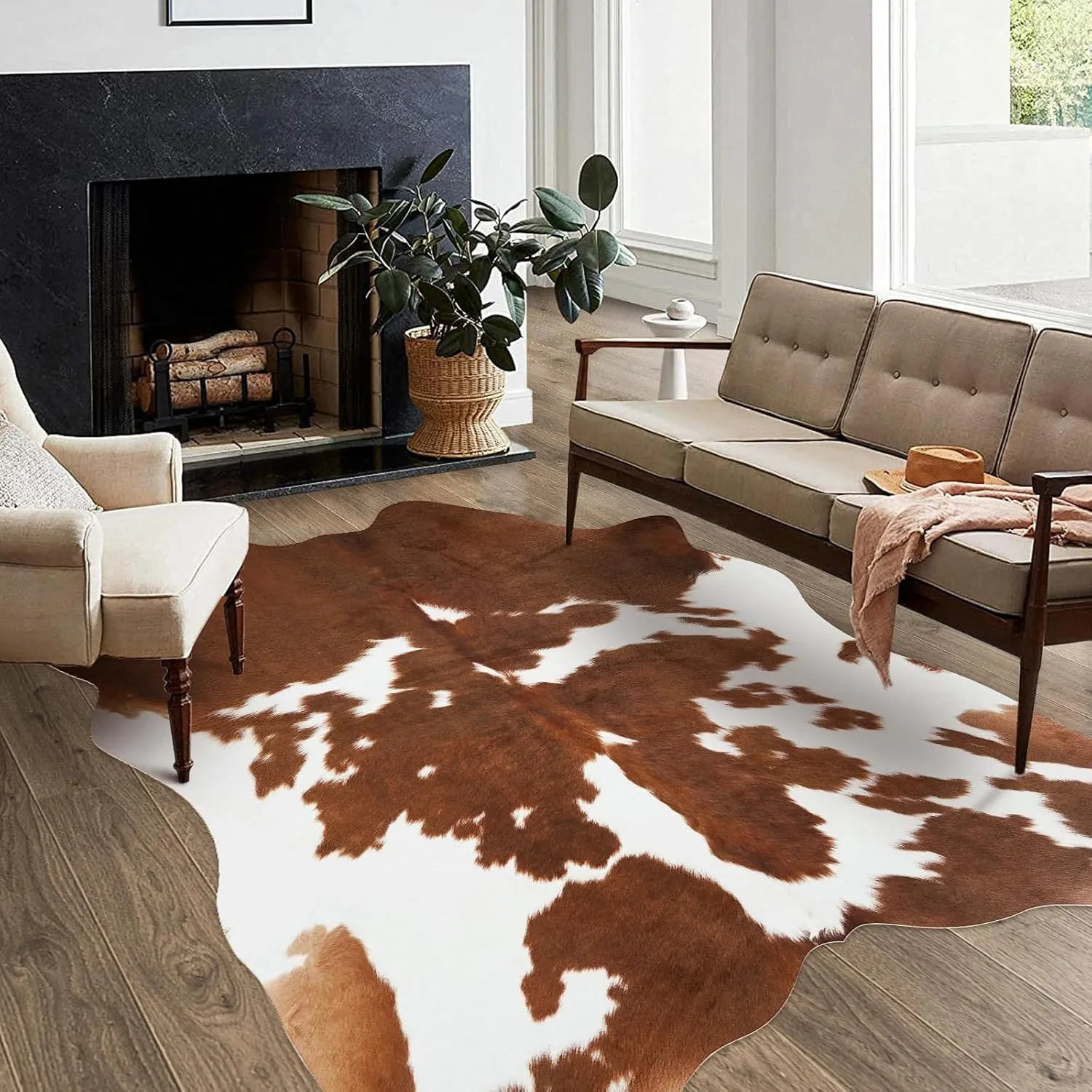 Cow Hide Rug Cow Print Rugs 5.2 x 6.2 Feet Faux Cowhide Carpet Area Small Animal Print Rug Western Home Decor for Living Room Bedroom Office (Brown&White)
