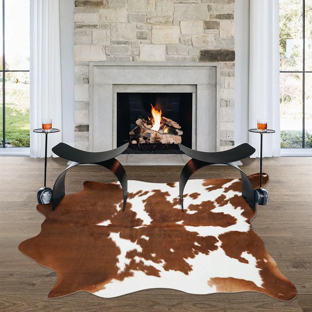 Cow Hide Rug Cow Print Rugs 5.2 x 6.2 Feet Faux Cowhide Carpet Area Small Animal Print Rug Western Home Decor for Living Room Bedroom Office (Brown&White)
