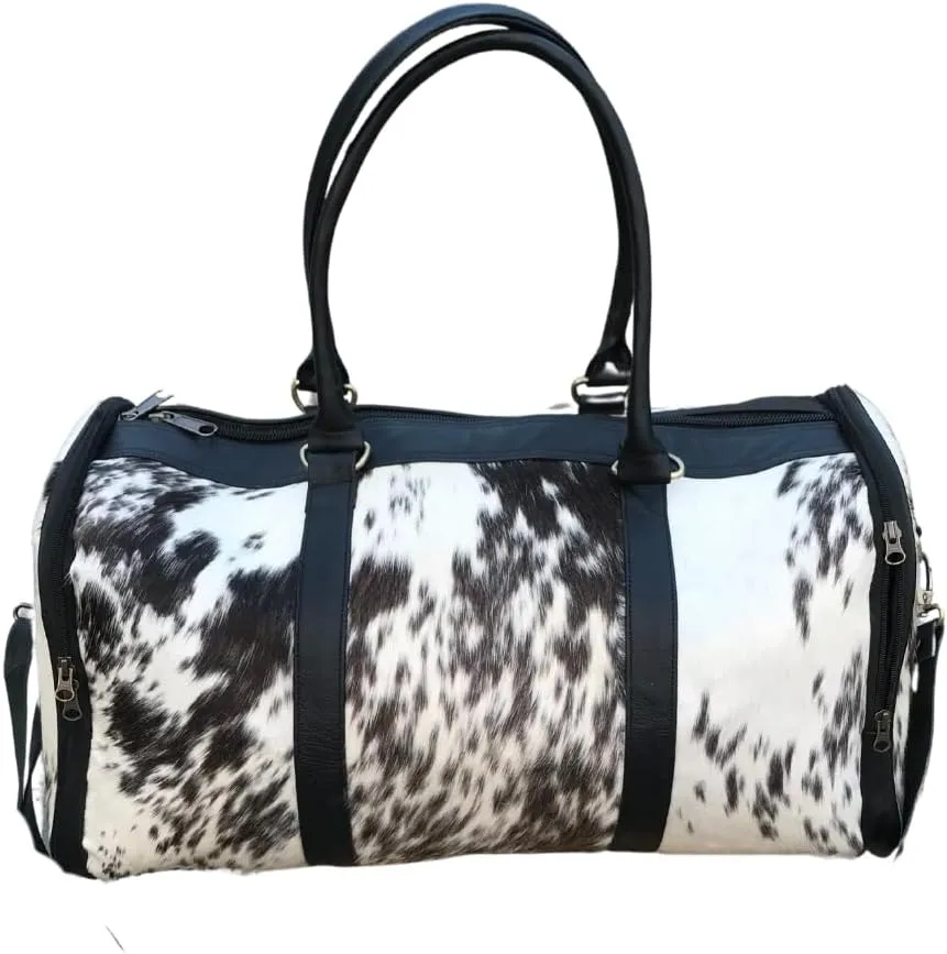 Cowhide Duffel Bag for Men and Women,Weekend for Travel Enthusiasts Unique Wanderlust"" (black and white), sh0999