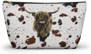 Cowhide Print Accessory Pouch w T-bottom, Makeup Bag, Travel Organizer, Gift for Her, Zipper Clutch, Scottish Cow Pattern