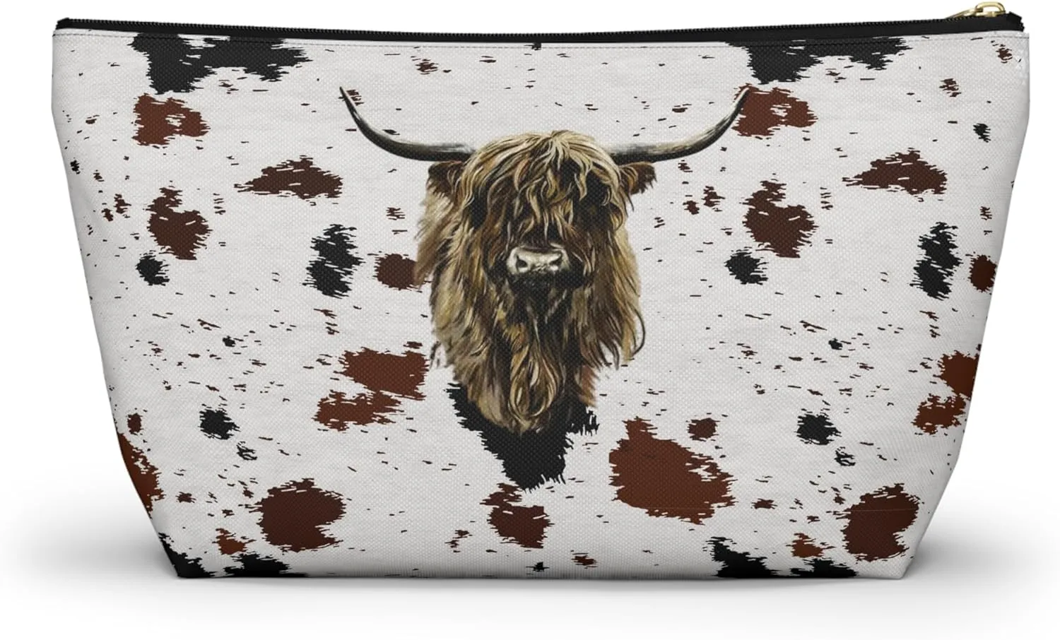 Cowhide Print Accessory Pouch w T-bottom, Makeup Bag, Travel Organizer, Gift for Her, Zipper Clutch, Scottish Cow Pattern