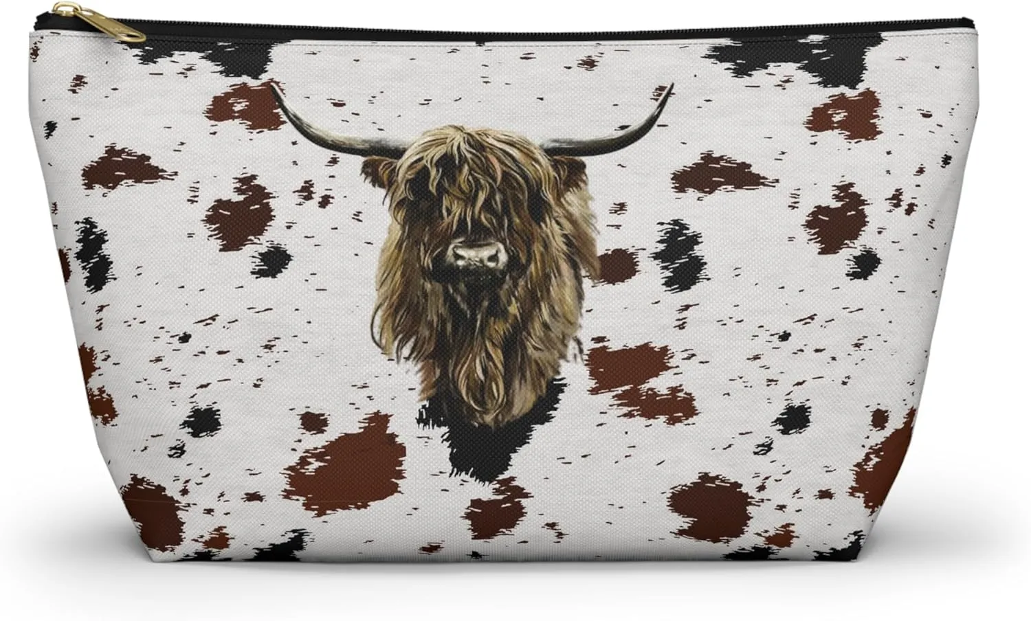 Cowhide Print Accessory Pouch w T-bottom, Makeup Bag, Travel Organizer, Gift for Her, Zipper Clutch, Scottish Cow Pattern