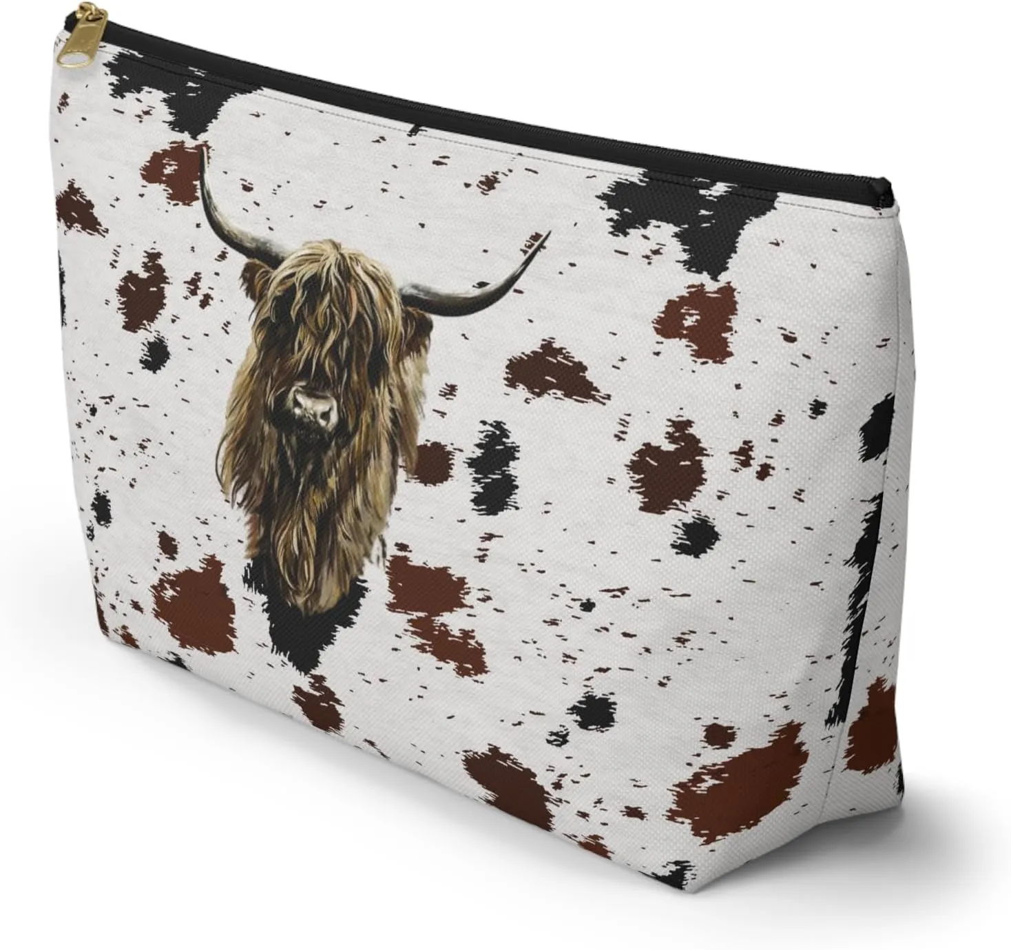 Cowhide Print Accessory Pouch w T-bottom, Makeup Bag, Travel Organizer, Gift for Her, Zipper Clutch, Scottish Cow Pattern