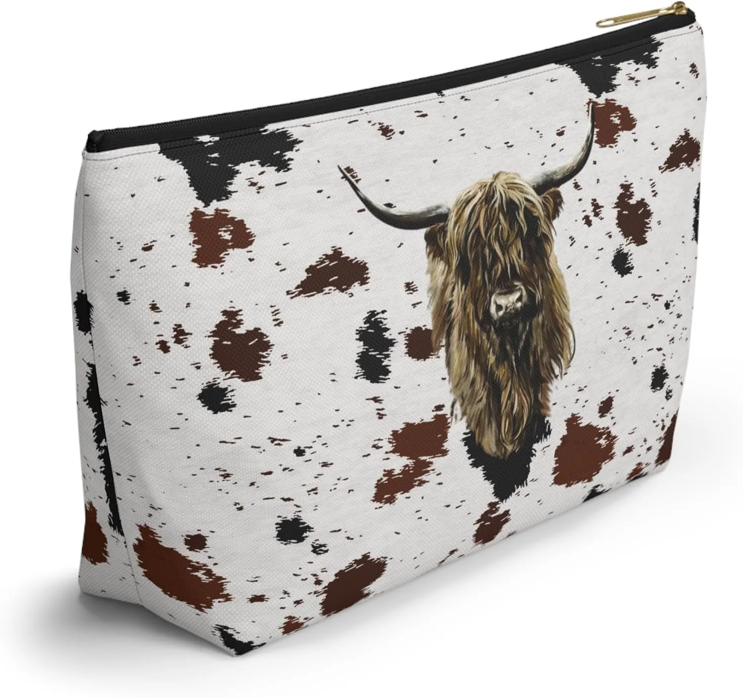 Cowhide Print Accessory Pouch w T-bottom, Makeup Bag, Travel Organizer, Gift for Her, Zipper Clutch, Scottish Cow Pattern