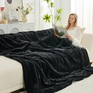 Cozy Bliss Faux Fur Throw Blanket for Couch, Cozy Warm Plush Striped Blanket for Sofa Bedroom Living Room, Black