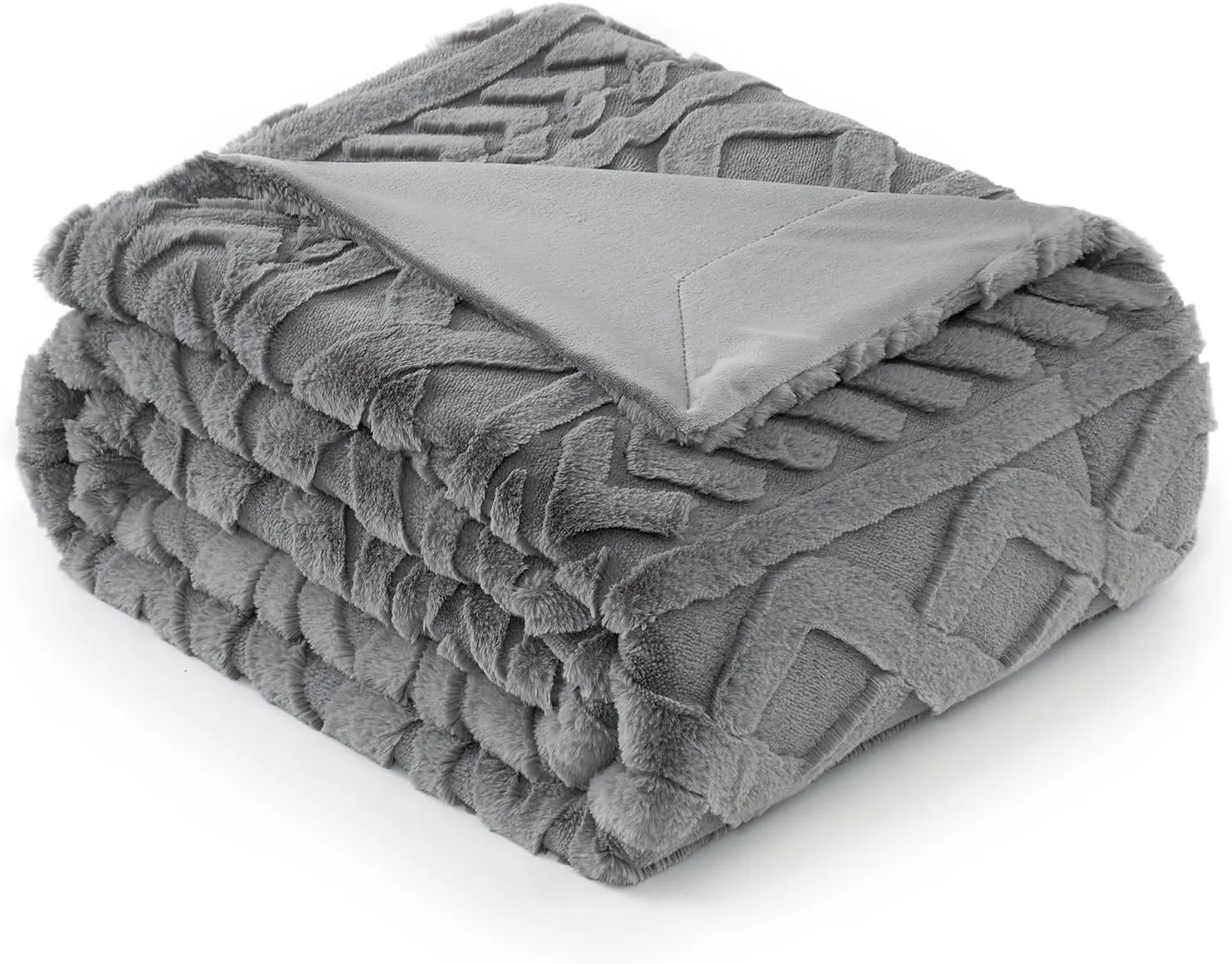 Cozy Bliss Faux Fur Throw Blanket for Couch, Jacquard Fuzzy Plush Soft Thick Winter Throw Blanket for Sofa Bed Living Room Bedroom，60"x80" Grey
