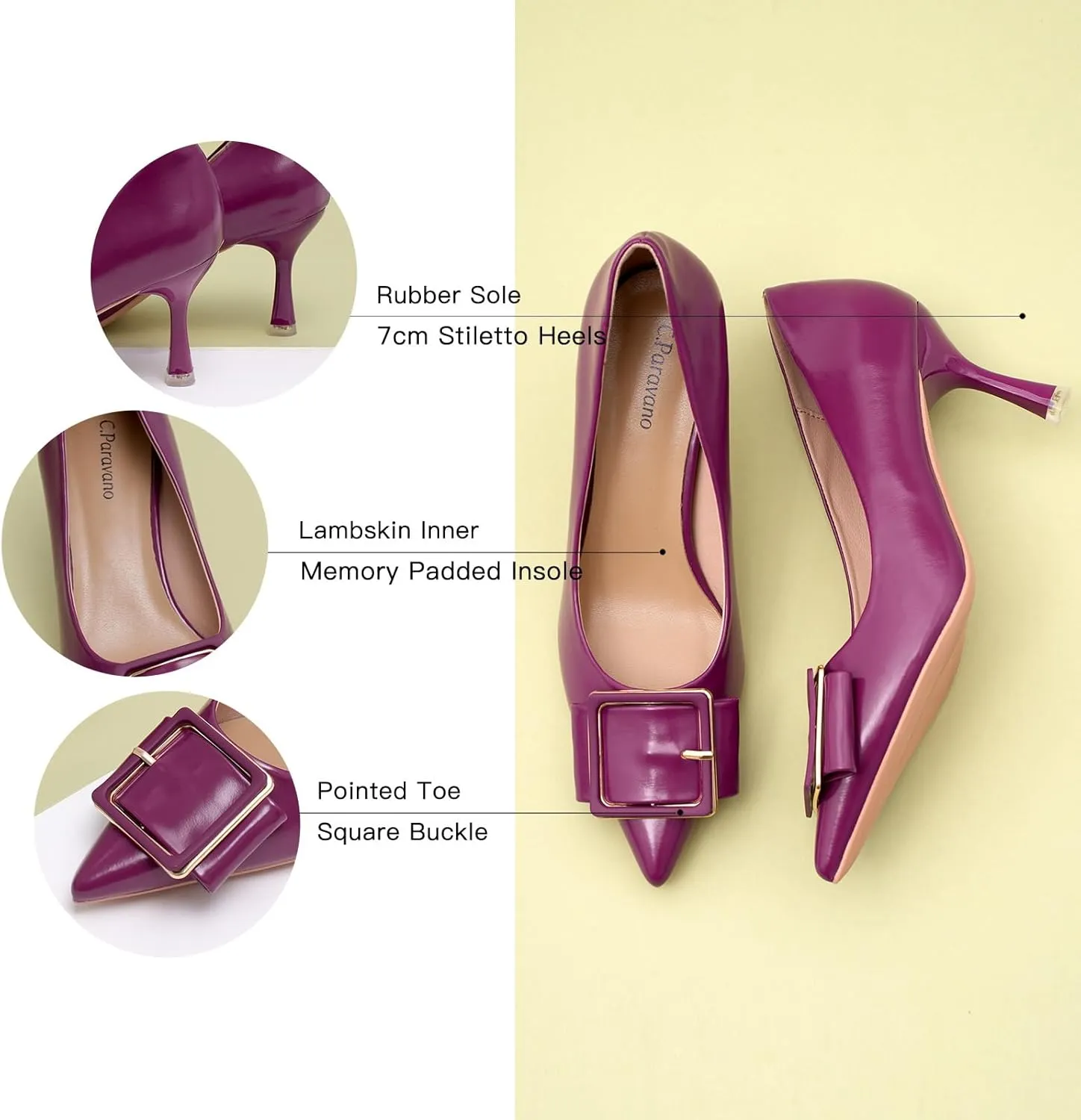 C.Paravano Women's Square Buckle Stiletto Pumps - Pointed Toe High Heels for Office Wear, Evening Parties, Weddings & Business Events