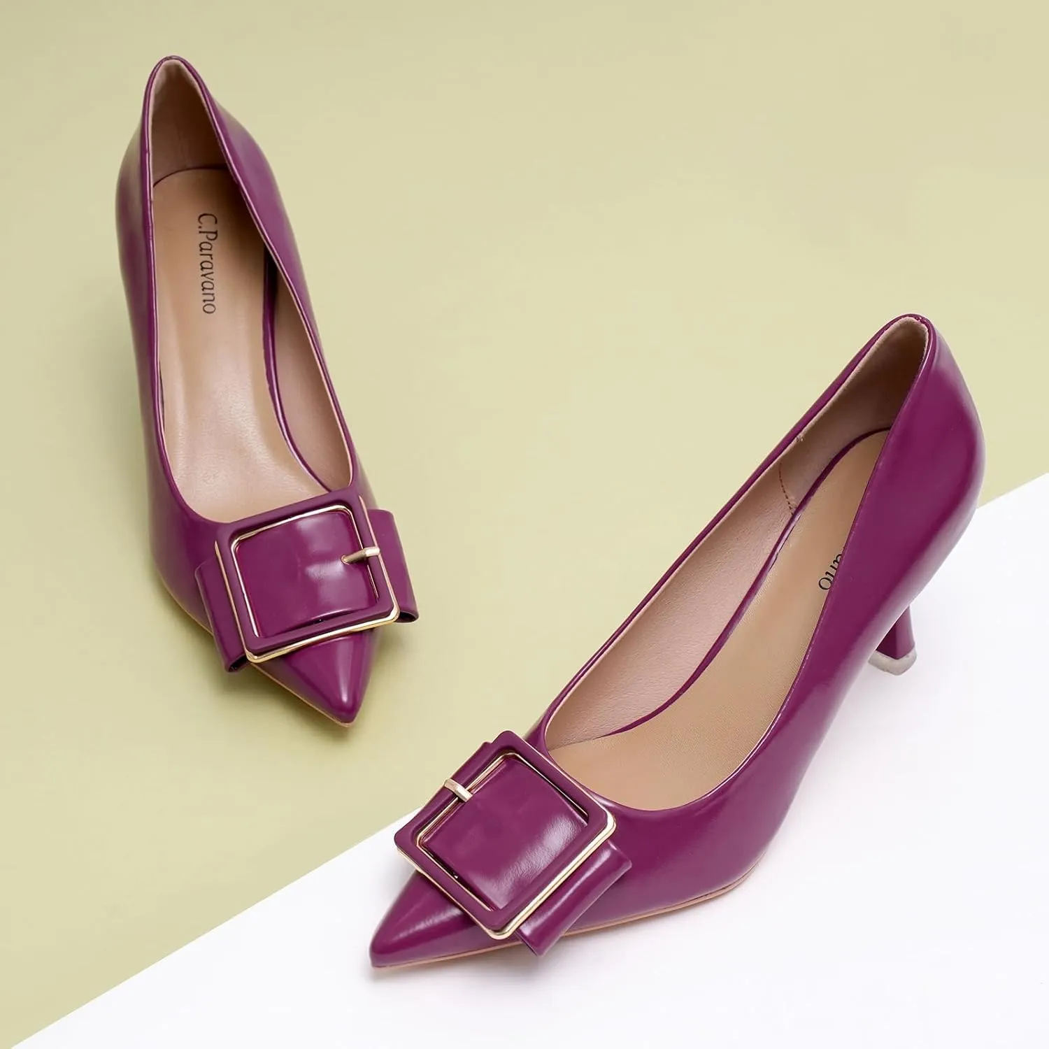 C.Paravano Women's Square Buckle Stiletto Pumps - Pointed Toe High Heels for Office Wear, Evening Parties, Weddings & Business Events