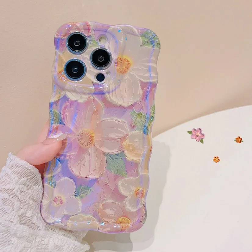 creamtopmall Cute Trendy Blue Ray Purple Oil Painting Flowers Design   Hand Strap Protective Shockproof Phone Case for iPhone 11 12 13 14 15 Pro Max Case