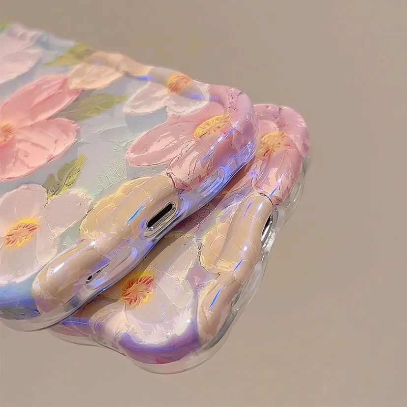 creamtopmall Cute Trendy Blue Ray Purple Oil Painting Flowers Design   Hand Strap Protective Shockproof Phone Case for iPhone 11 12 13 14 15 Pro Max Case