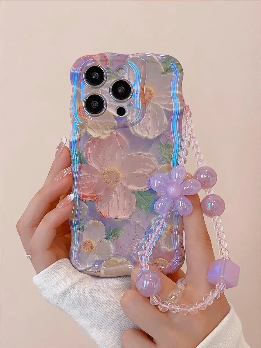 creamtopmall Cute Trendy Blue Ray Purple Oil Painting Flowers Design   Hand Strap Protective Shockproof Phone Case for iPhone 11 12 13 14 15 Pro Max Case