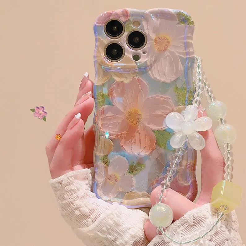 creamtopmall Cute Trendy Blue Ray Purple Oil Painting Flowers Design   Hand Strap Protective Shockproof Phone Case for iPhone 11 12 13 14 15 Pro Max Case