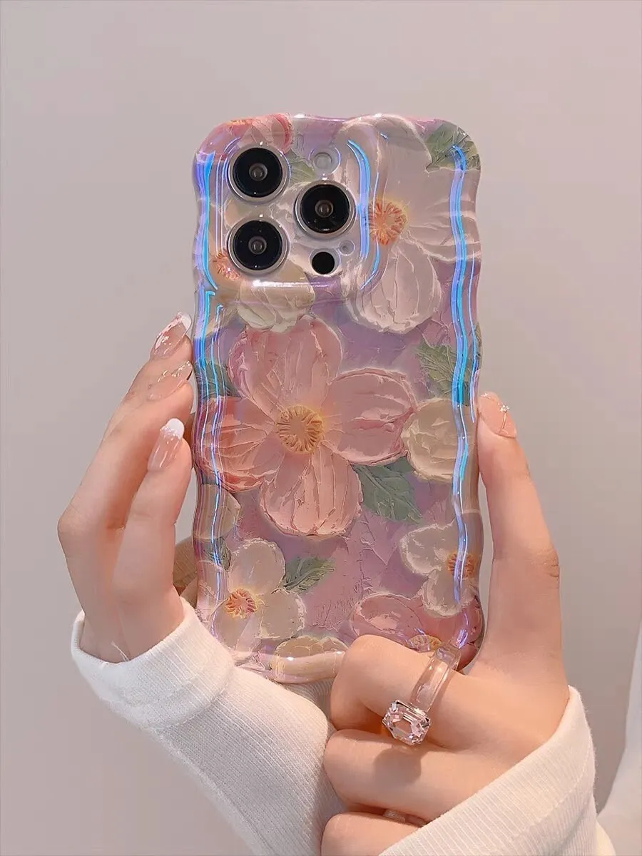 creamtopmall Cute Trendy Blue Ray Purple Oil Painting Flowers Design   Hand Strap Protective Shockproof Phone Case for iPhone 11 12 13 14 15 Pro Max Case
