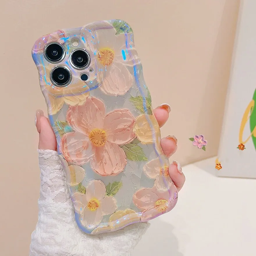 creamtopmall Cute Trendy Blue Ray Purple Oil Painting Flowers Design   Hand Strap Protective Shockproof Phone Case for iPhone 11 12 13 14 15 Pro Max Case