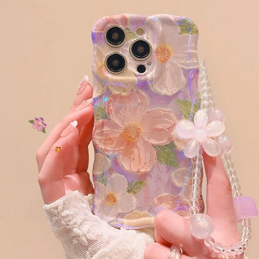 creamtopmall Cute Trendy Blue Ray Purple Oil Painting Flowers Design   Hand Strap Protective Shockproof Phone Case for iPhone 11 12 13 14 15 Pro Max Case