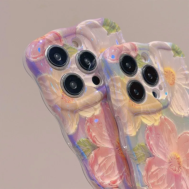 creamtopmall Cute Trendy Blue Ray Purple Oil Painting Flowers Design   Hand Strap Protective Shockproof Phone Case for iPhone 11 12 13 14 15 Pro Max Case