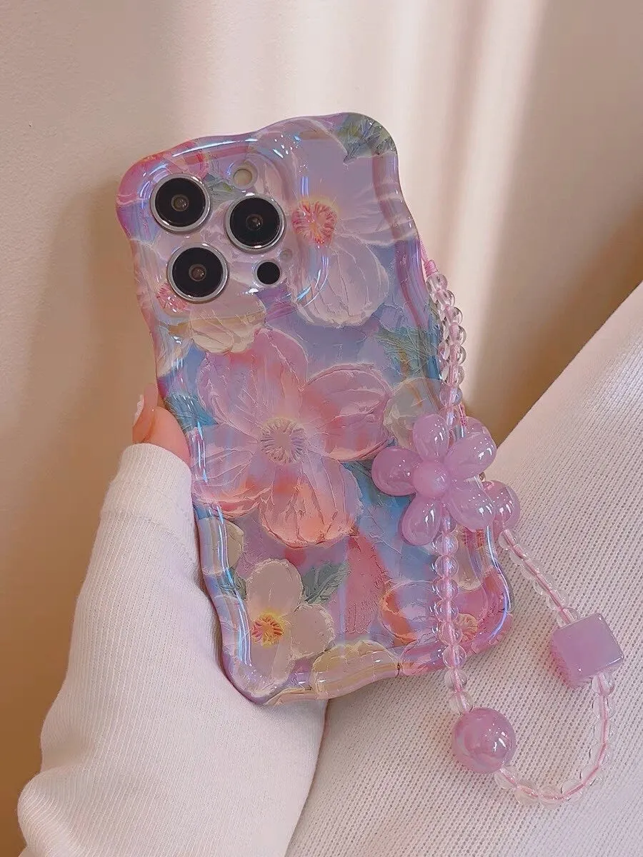 creamtopmall Cute Trendy Blue Ray Purple Oil Painting Flowers Design   Hand Strap Protective Shockproof Phone Case for iPhone 11 12 13 14 15 Pro Max Case