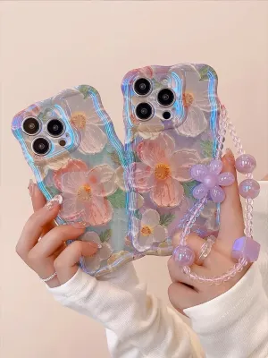 creamtopmall Cute Trendy Blue Ray Purple Oil Painting Flowers Design   Hand Strap Protective Shockproof Phone Case for iPhone 11 12 13 14 15 Pro Max Case