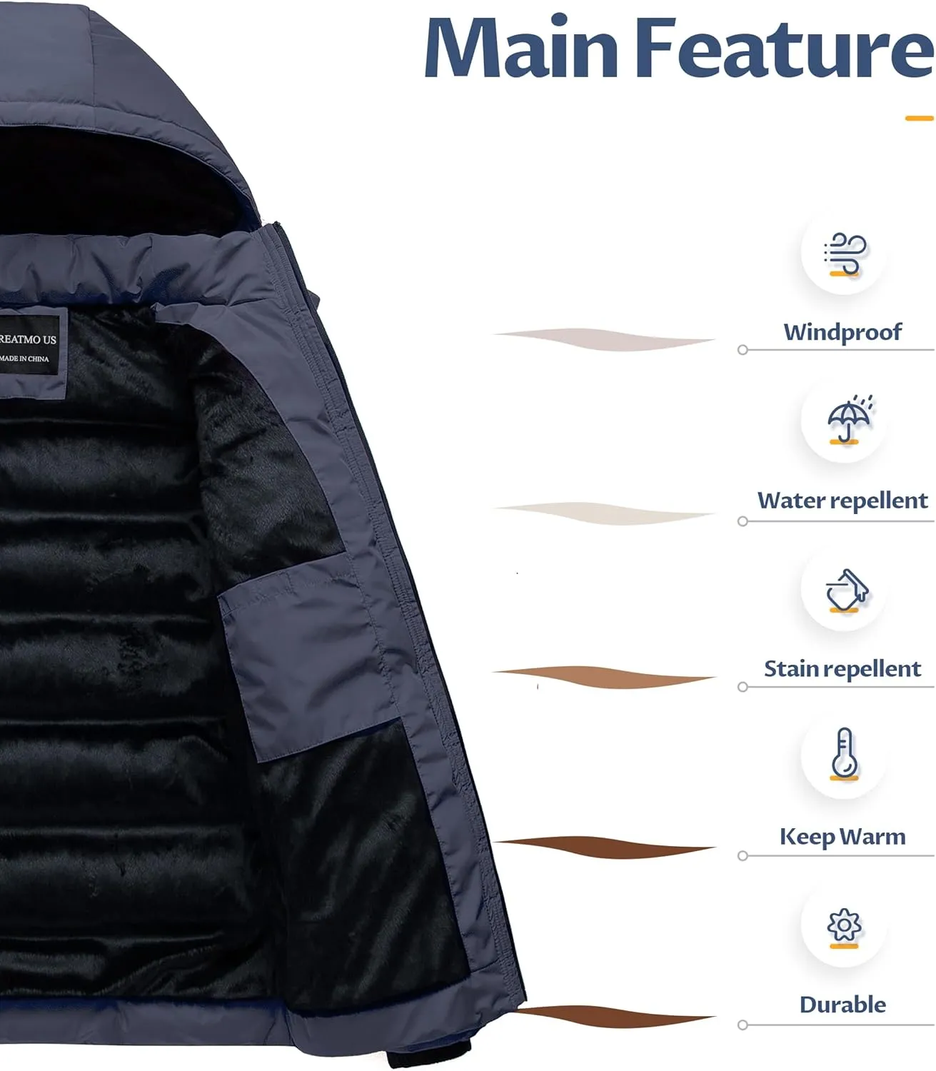 CREATMO US Men's Puffer Jacket Waterproof Winter Parka jacket Warm Thicken Ski Coat