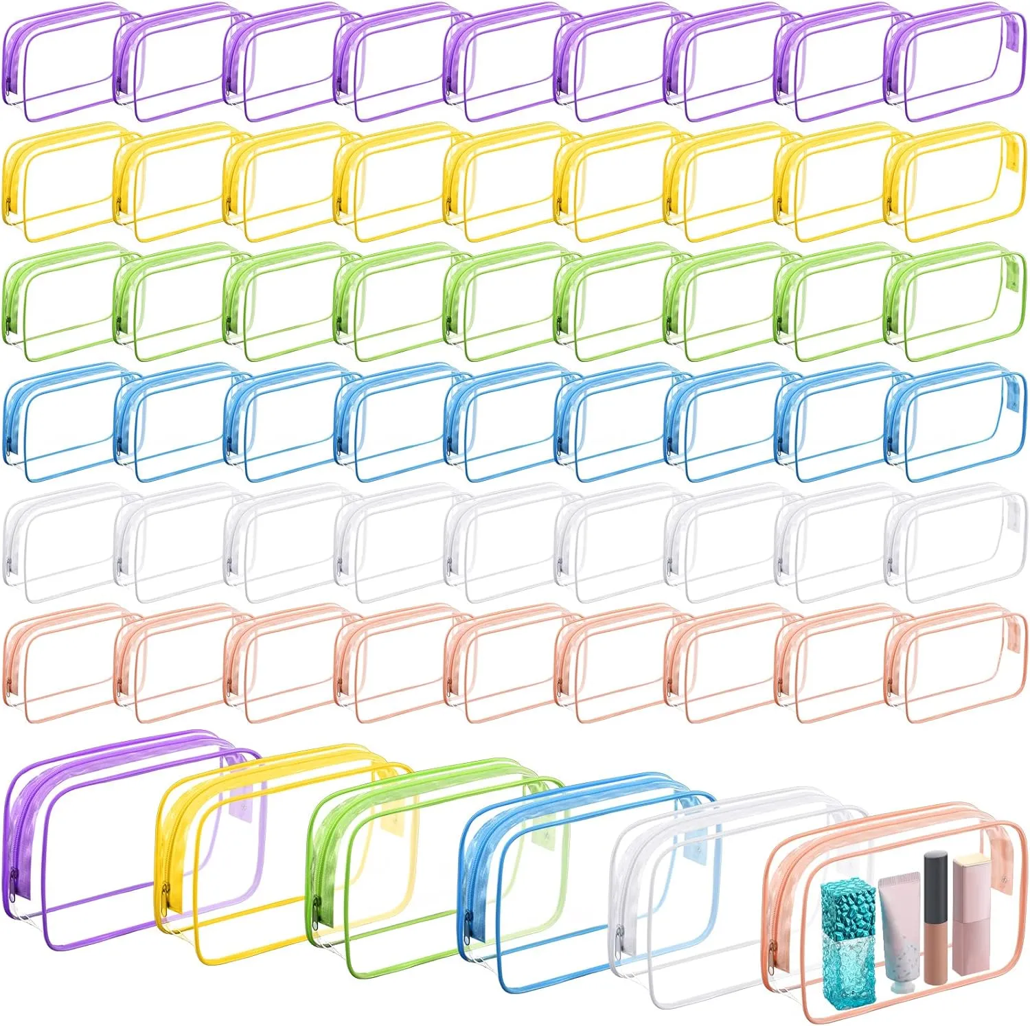 Cunno 60 Pcs Clear Toiletry Bag TSA Approved Cosmetic Bag Bulk Makeup Bag Travel Carry Airport Airline Compliant Bag for Women Men Summer Vacation Salon Mother Gift(Multicolor)