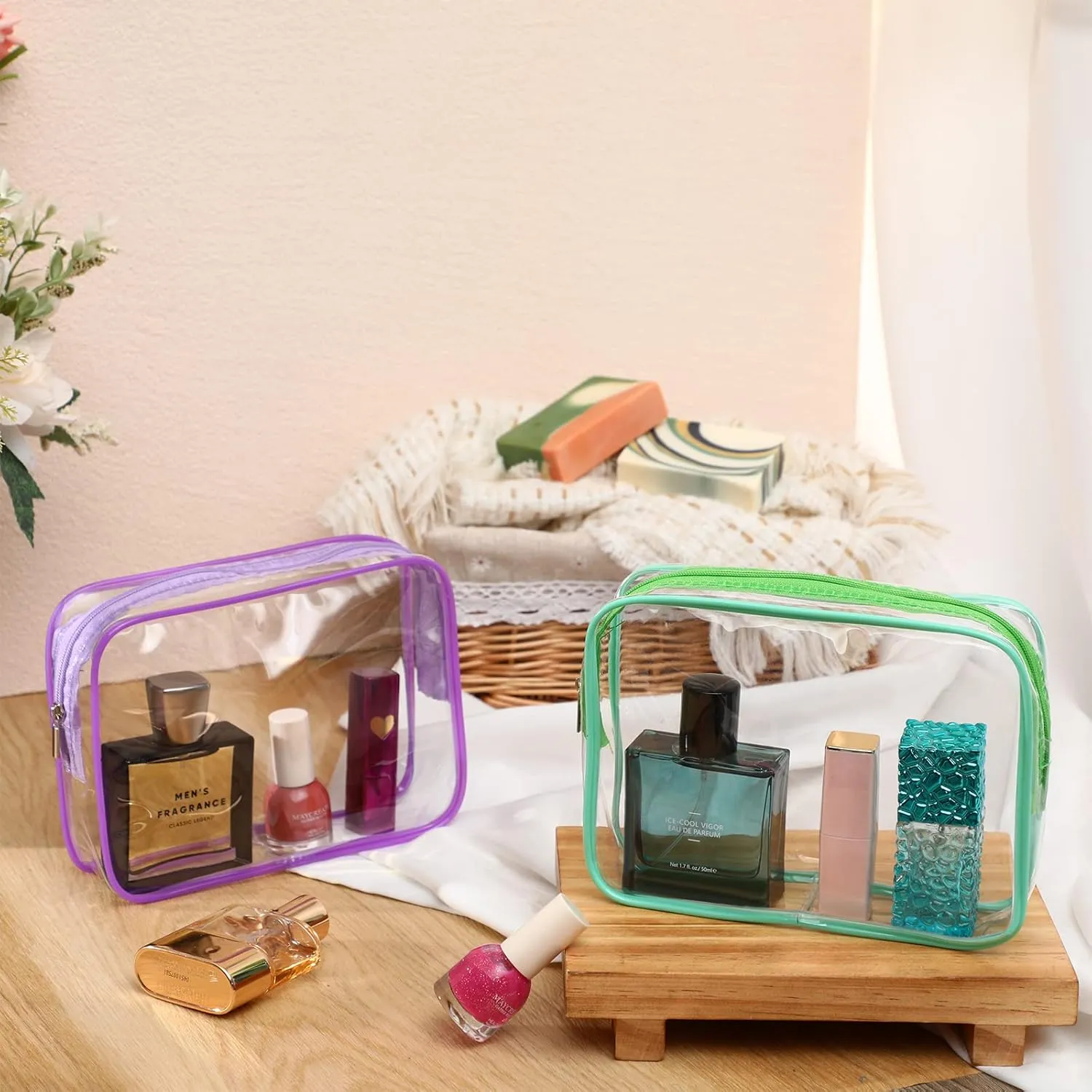 Cunno 60 Pcs Clear Toiletry Bag TSA Approved Cosmetic Bag Bulk Makeup Bag Travel Carry Airport Airline Compliant Bag for Women Men Summer Vacation Salon Mother Gift(Multicolor)