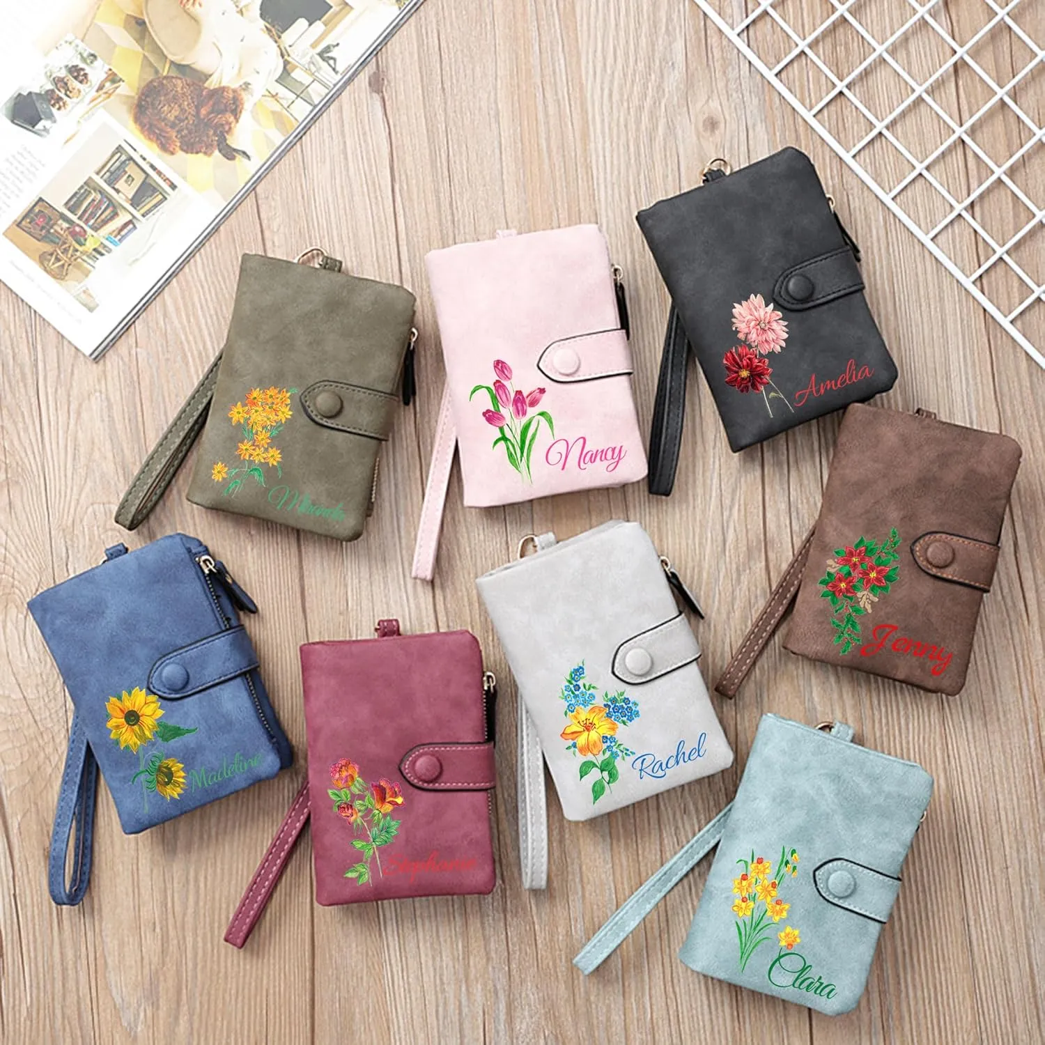 Custom Wallet w/Name & Colorful Birth Flower Personalized Gifts for Women Teen Girls, Customized Floral Name Ladies Wallet Cute Small Wristlet Purse Leather Card Holder, Blue