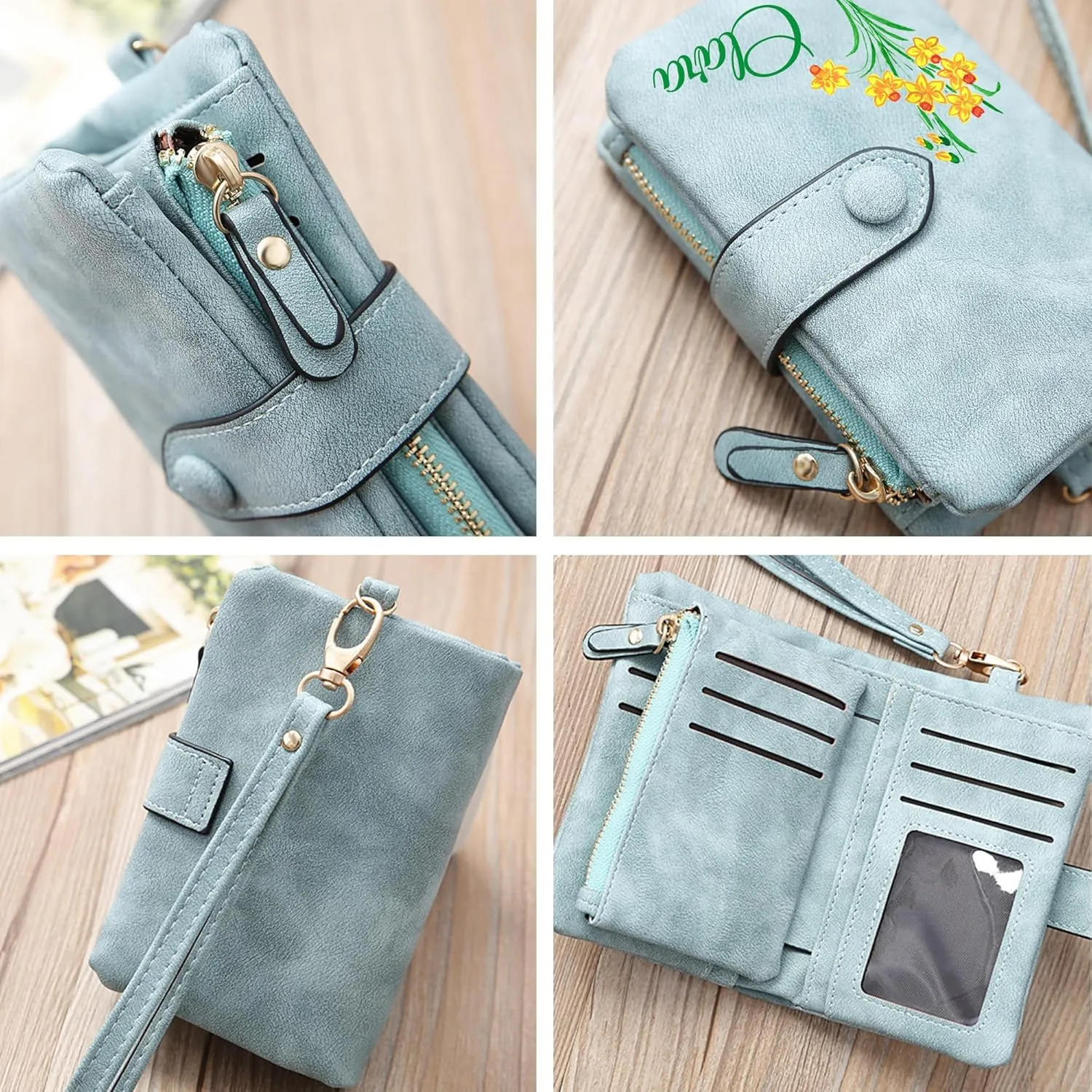 Custom Wallet w/Name & Colorful Birth Flower Personalized Gifts for Women Teen Girls, Customized Floral Name Ladies Wallet Cute Small Wristlet Purse Leather Card Holder, Blue