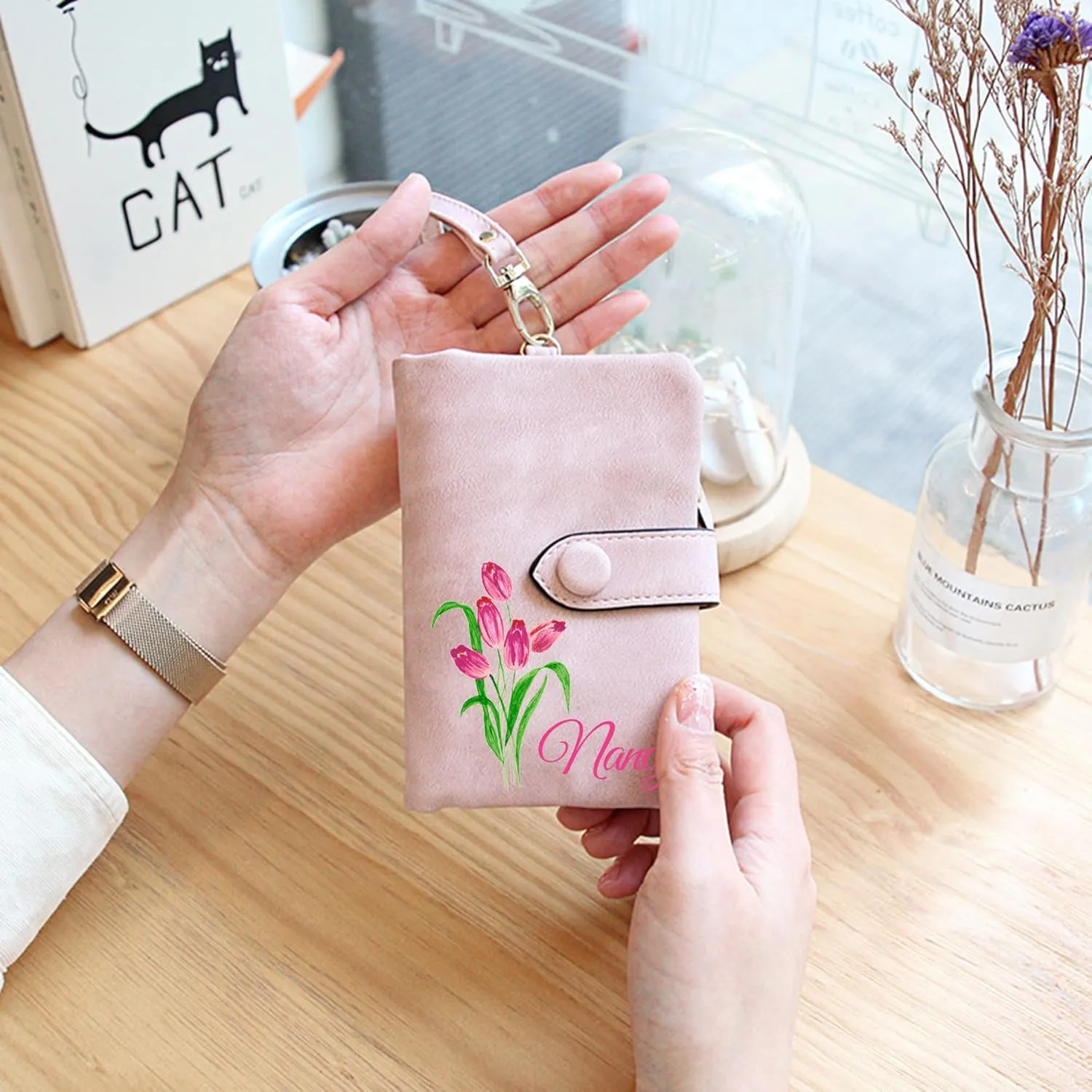 Custom Wallet w/Name & Colorful Birth Flower Personalized Gifts for Women Teen Girls, Customized Floral Name Ladies Wallet Cute Small Wristlet Purse Leather Card Holder, Blue