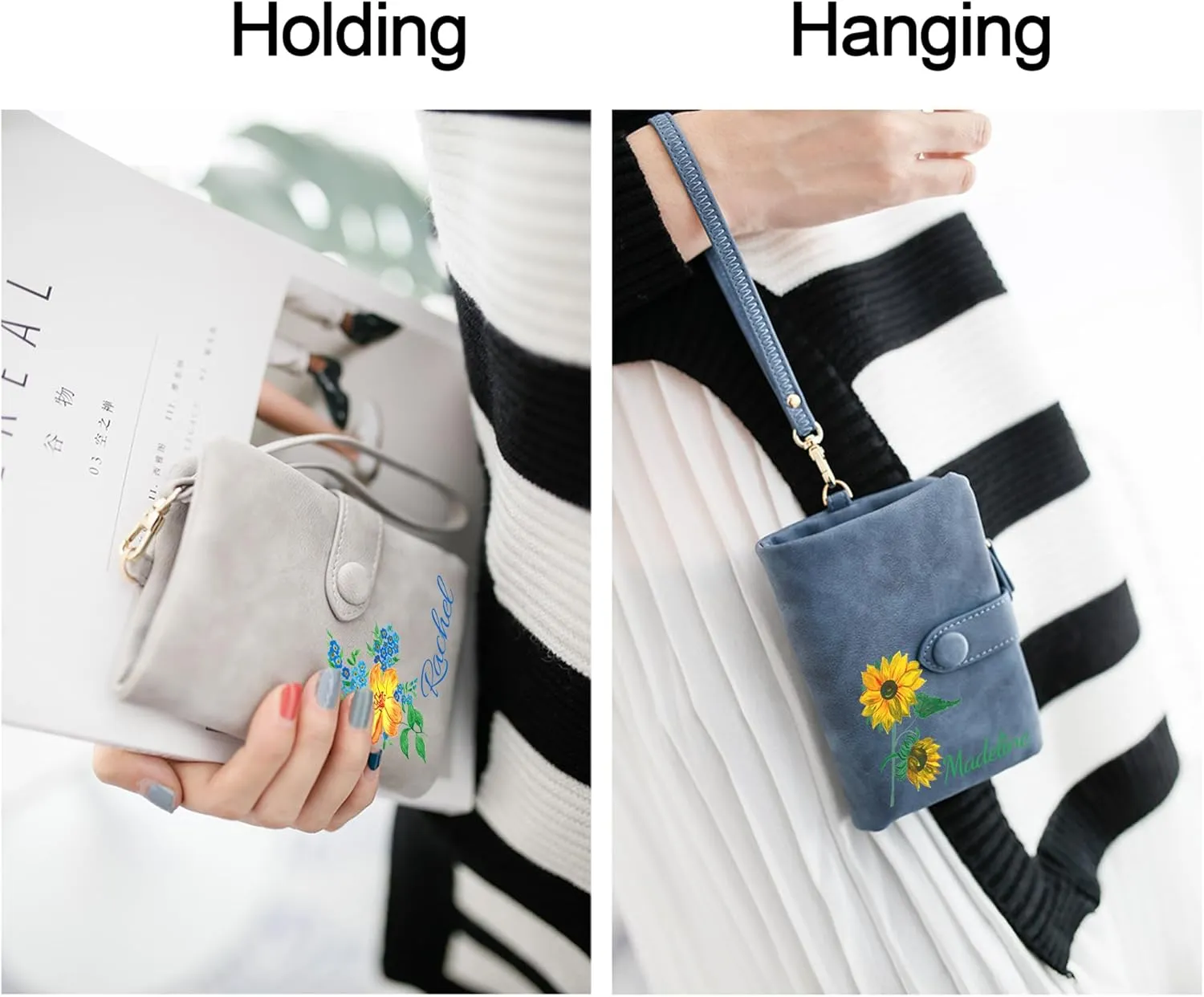 Custom Wallet w/Name & Colorful Birth Flower Personalized Gifts for Women Teen Girls, Customized Floral Name Ladies Wallet Cute Small Wristlet Purse Leather Card Holder, Blue