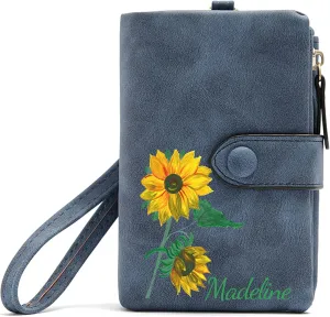 Custom Wallet w/Name & Colorful Birth Flower Personalized Gifts for Women Teen Girls, Customized Floral Name Ladies Wallet Cute Small Wristlet Purse Leather Card Holder, Blue
