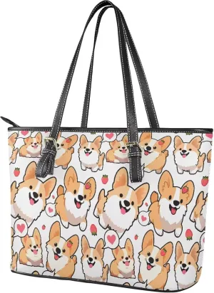 Cute Animals Tote Bag for Women Faux Leather Zipper Hobo Bag, Cartoon Puppy Shoulder Work Tote Purse for Laptop