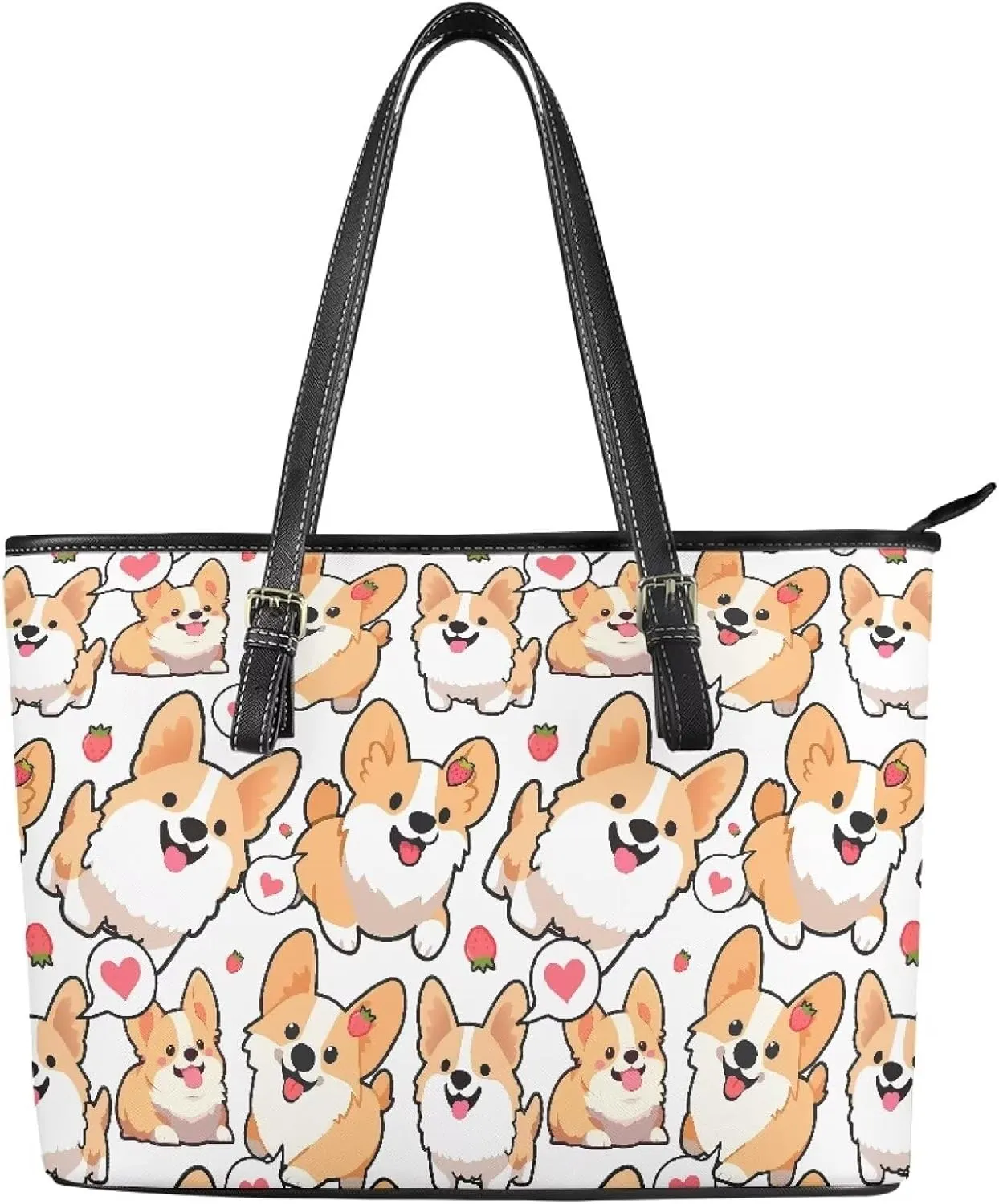 Cute Animals Tote Bag for Women Faux Leather Zipper Hobo Bag, Cartoon Puppy Shoulder Work Tote Purse for Laptop
