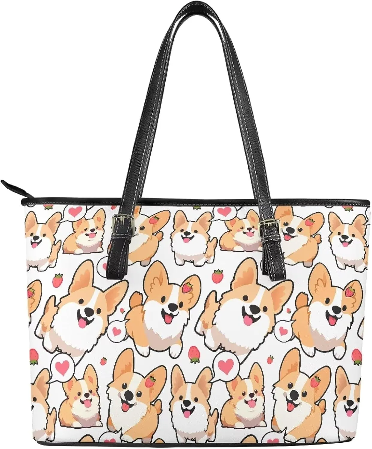 Cute Animals Tote Bag for Women Faux Leather Zipper Hobo Bag, Cartoon Puppy Shoulder Work Tote Purse for Laptop
