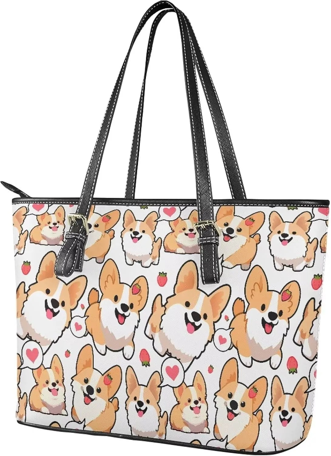 Cute Animals Tote Bag for Women Faux Leather Zipper Hobo Bag, Cartoon Puppy Shoulder Work Tote Purse for Laptop