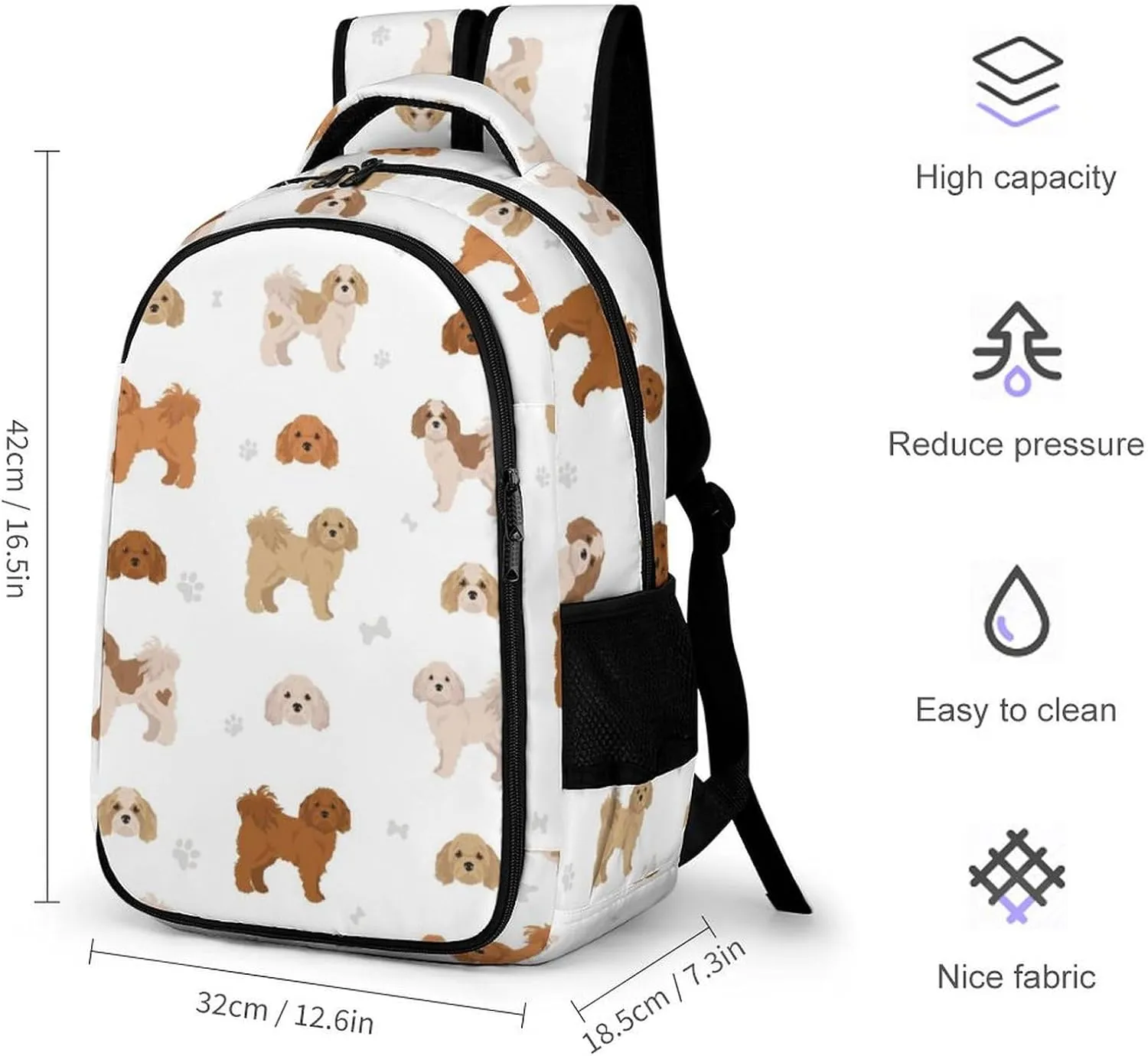 Cute Cavachon Pattern Large Travel Backpack Cartoon Dogs Bags Daypack Laptop Work Computer Hiking Back Packs with Multiple Pockets