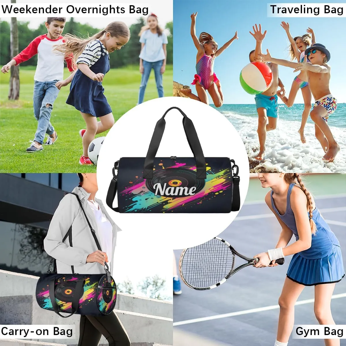 Cute Dance Bag Sport Duffel Gymnastics Sport Bags Custom Ballet Bag Overnight Weekender Bag Waterproof Pattern, Concert Music Album Printed