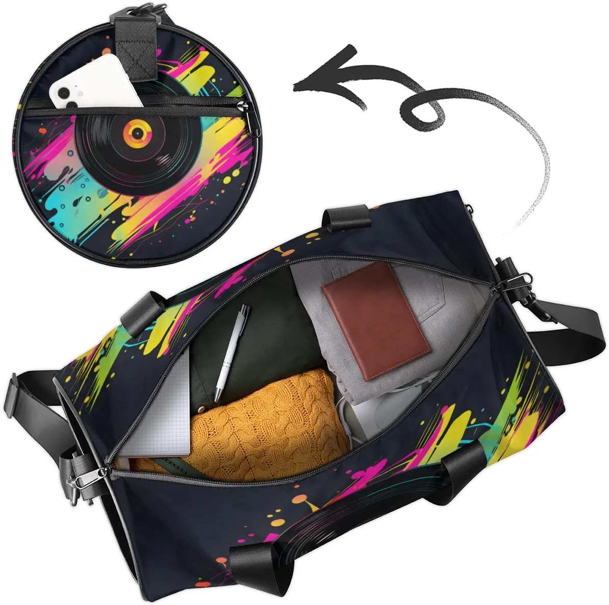 Cute Dance Bag Sport Duffel Gymnastics Sport Bags Custom Ballet Bag Overnight Weekender Bag Waterproof Pattern, Concert Music Album Printed
