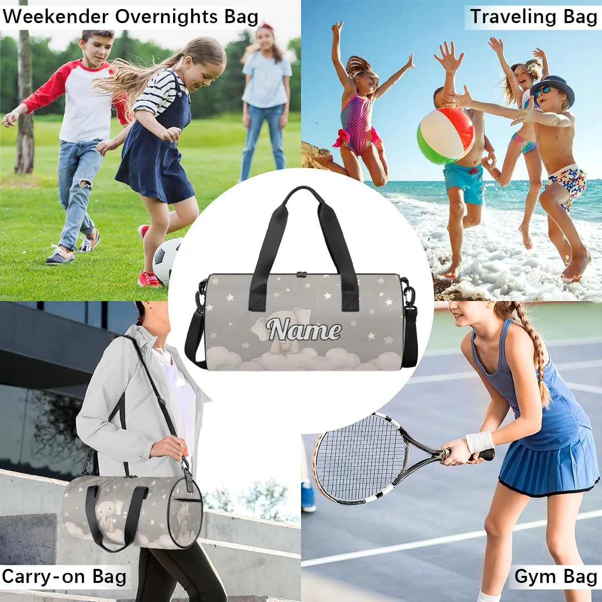 Cute Dance Bag Sport Duffel Gymnastics Sport Bags Custom Ballet Bag Overnight Weekender Bag Waterproof Pattern, Elephant Printing