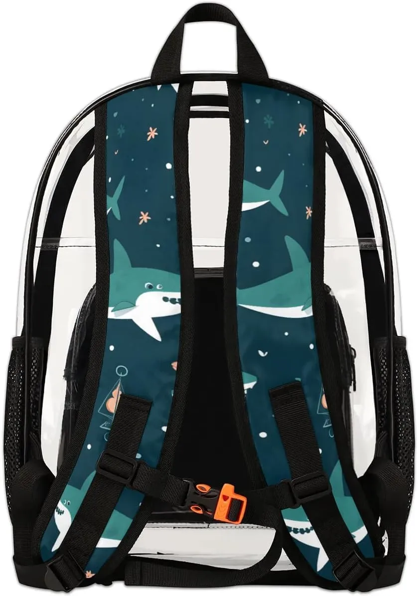 Cute Shark Clear Backpack Stadium Approved Heavy-Duty See Through Bag Waterproof Clear Backpack for Concerts Work Sports & Events Large Capacity 11.2x6.2x17.7"