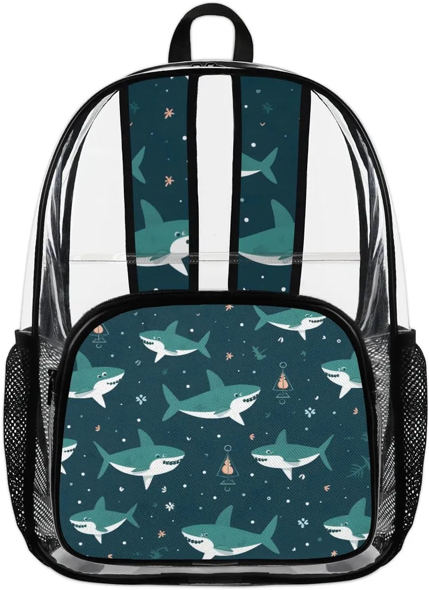 Cute Shark Clear Backpack Stadium Approved Heavy-Duty See Through Bag Waterproof Clear Backpack for Concerts Work Sports & Events Large Capacity 11.2x6.2x17.7"
